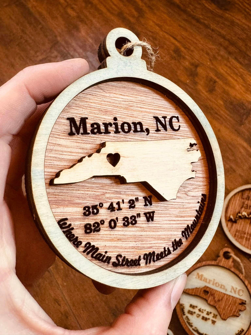 Custom 3D Wooden Marion North Carolina Ornaments