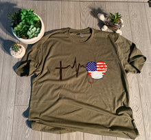 Load image into Gallery viewer, United States Flag Health Care Worker Heartbeat and Cross Shirt or Raglan
