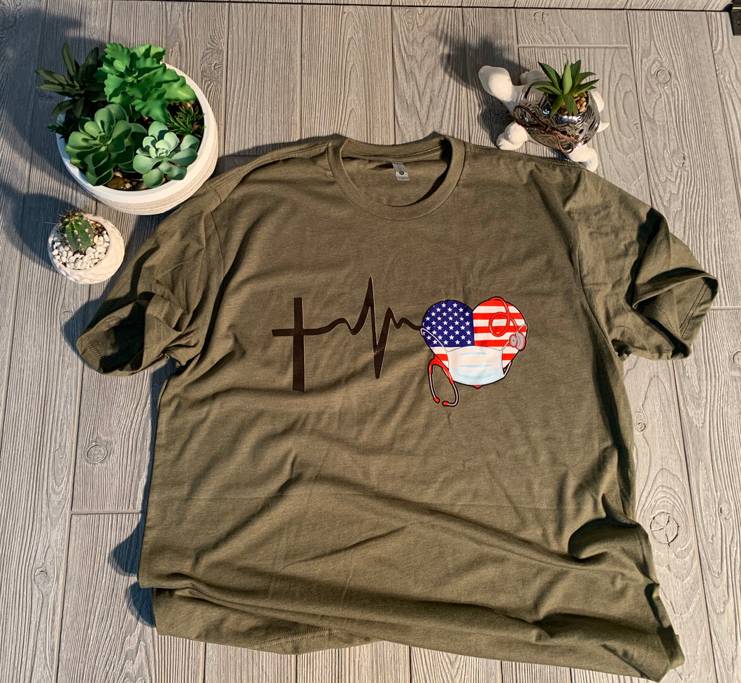 United States Flag Health Care Worker Heartbeat and Cross Shirt or Raglan