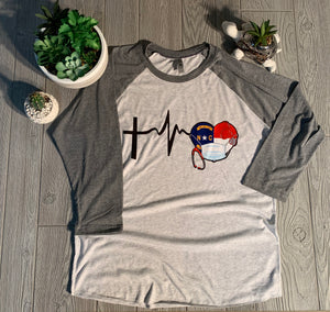 North Carolina - NC Flag Health Care Worker Heartbeat and Cross Shirt or Raglan