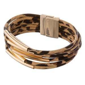 Faux leather multi strand leopard print bracelet