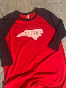 Unisex Roots, locally grown North Carolina Raglan T Shirt
