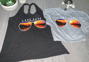 Lake James Sunset in Sunglasses “lake daze” on cosmic tank or tees