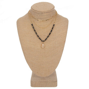 Long layered stone and crystal charm necklace