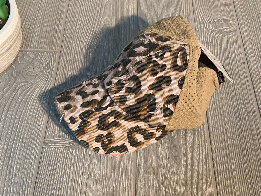 Distressed Cheetah messy bun ponytail hat