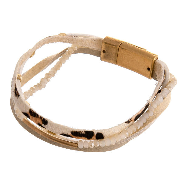Multi strand leopard print magnetic wrap bracelet