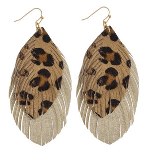 Leopard print layered Feather Earrings