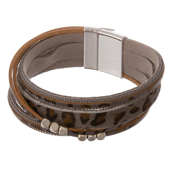 Multi strand animal print magnetic wrap bracelet