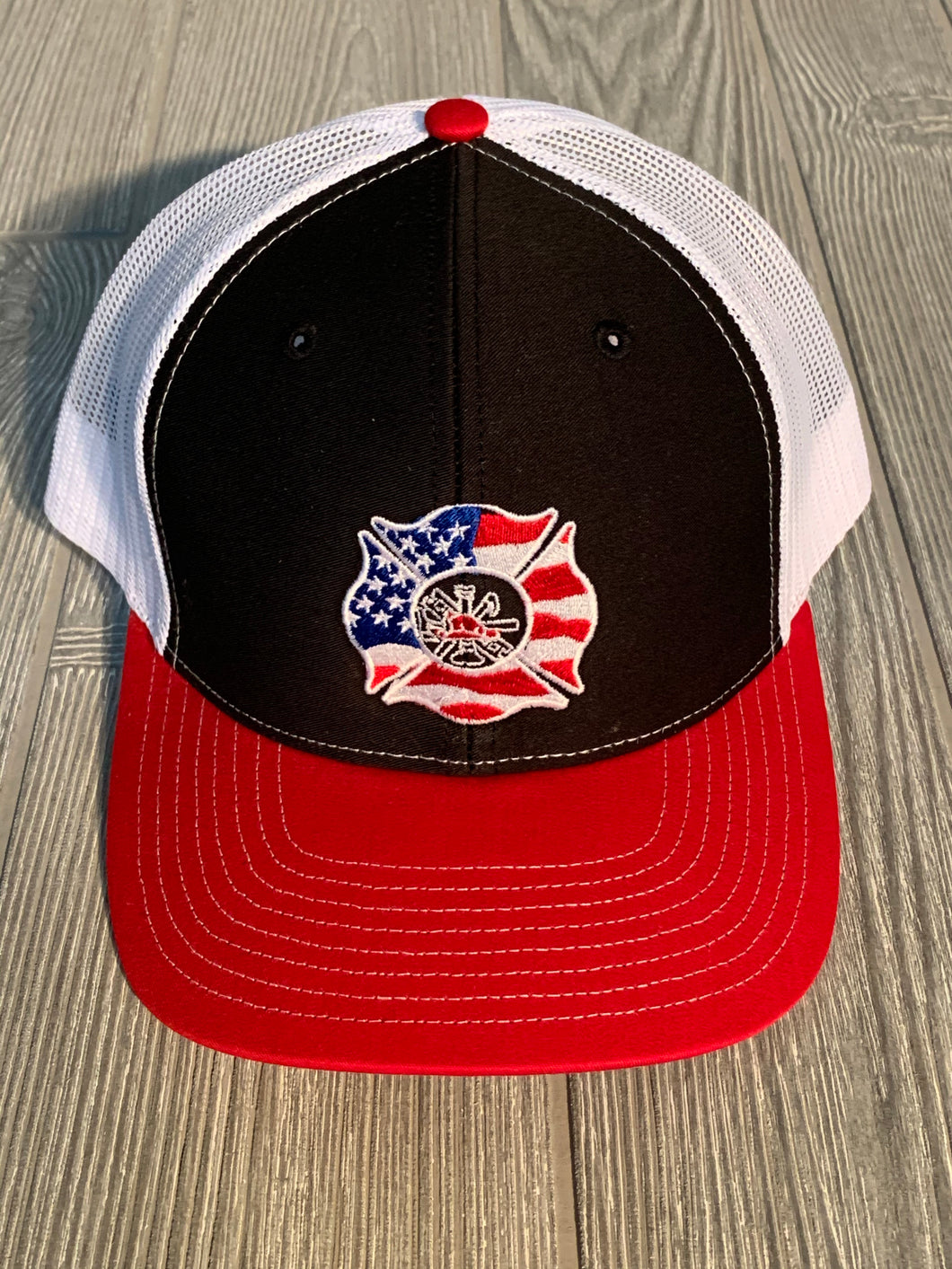 Red Black and White American Flag Maltese Cross Fireman Richardson SnapBack Hat
