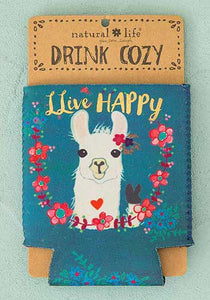 Natural Life - live happy llama neoprene koozie