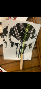 Distressed waving green line Law Enforcement, military punisher skull Decal